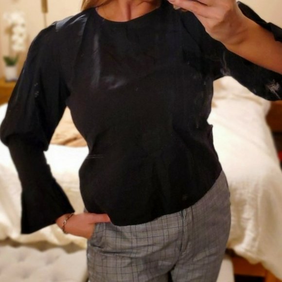 Who What Wear Black Poplin Puff Sleeve Gathered Cuff Top - Picture 1 of 5